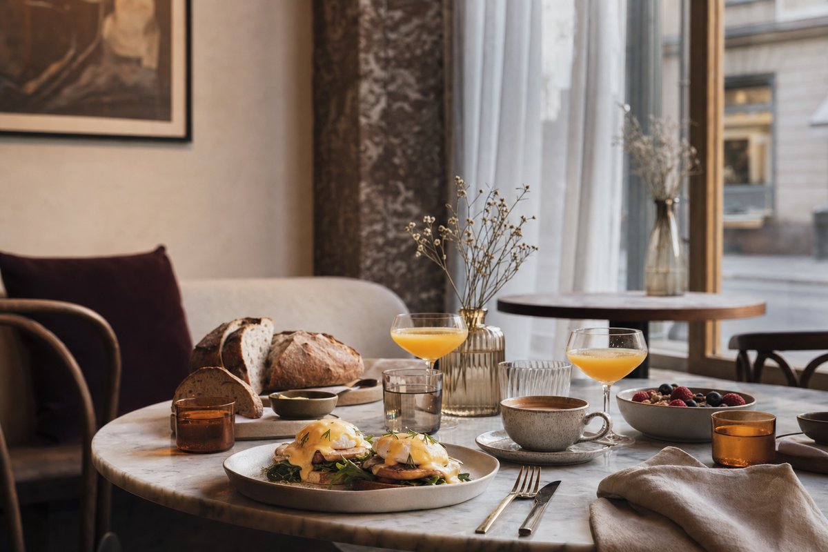 Väldukat brunchbord i Stockholm med färska bakverk, frukt och kaffe