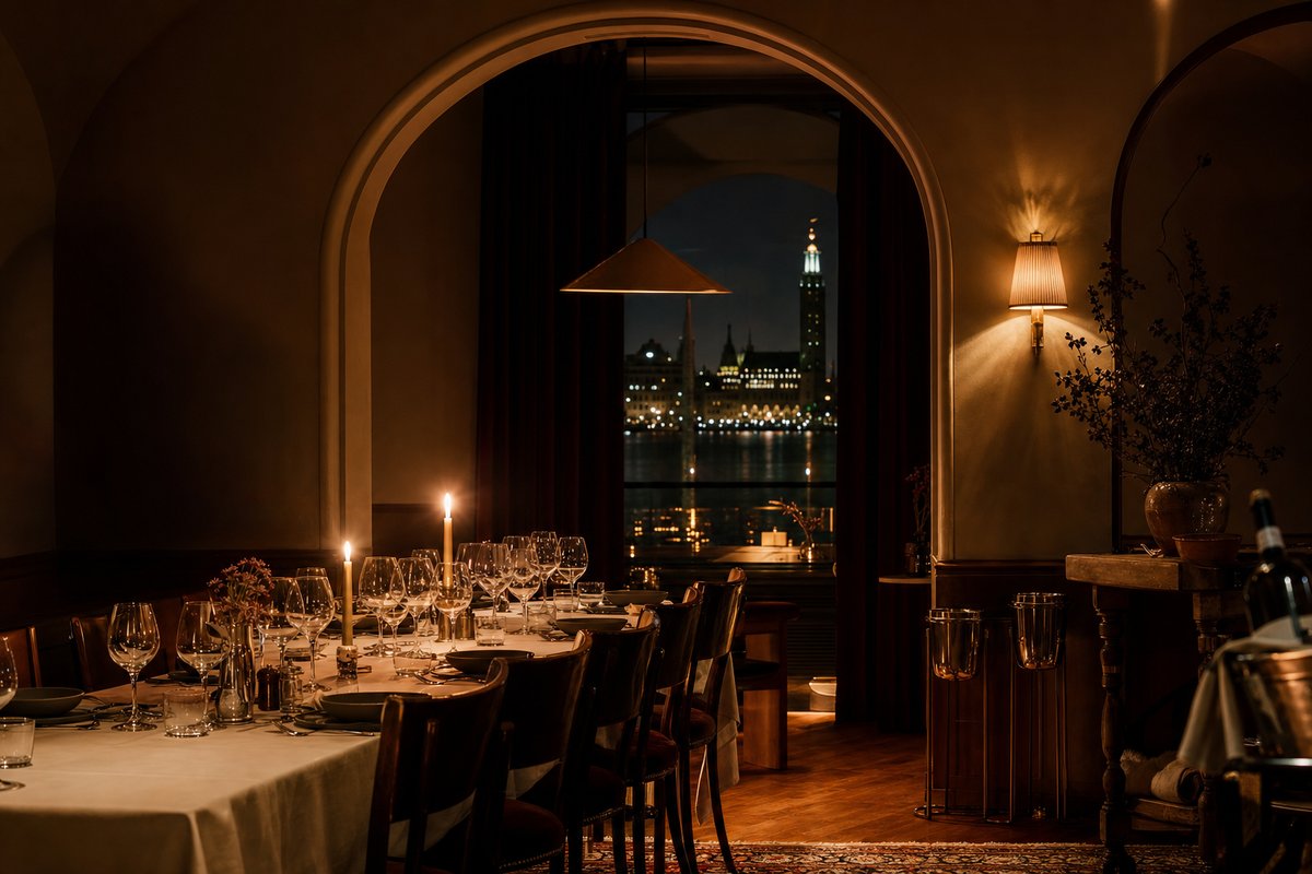 Stämningsfull restauranginteriör i Stockholm med varmt ljus och dukat bord