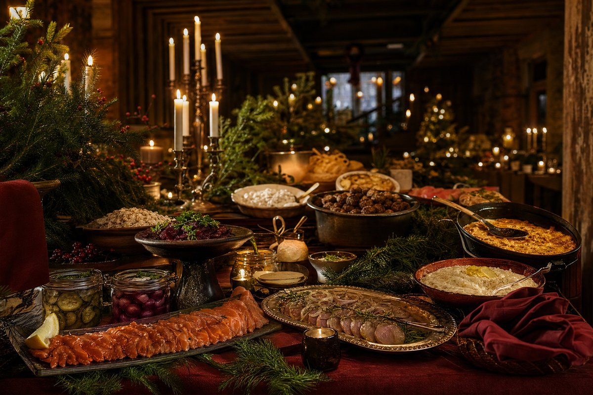 Festligt dukat julbord i Stockholm med ljuslyktor, gran och traditionella svenska julrätter