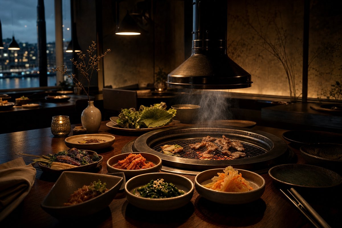 Koreansk BBQ-grill vid bord med marmorerat kött, kimchi och banchan-tillbehör