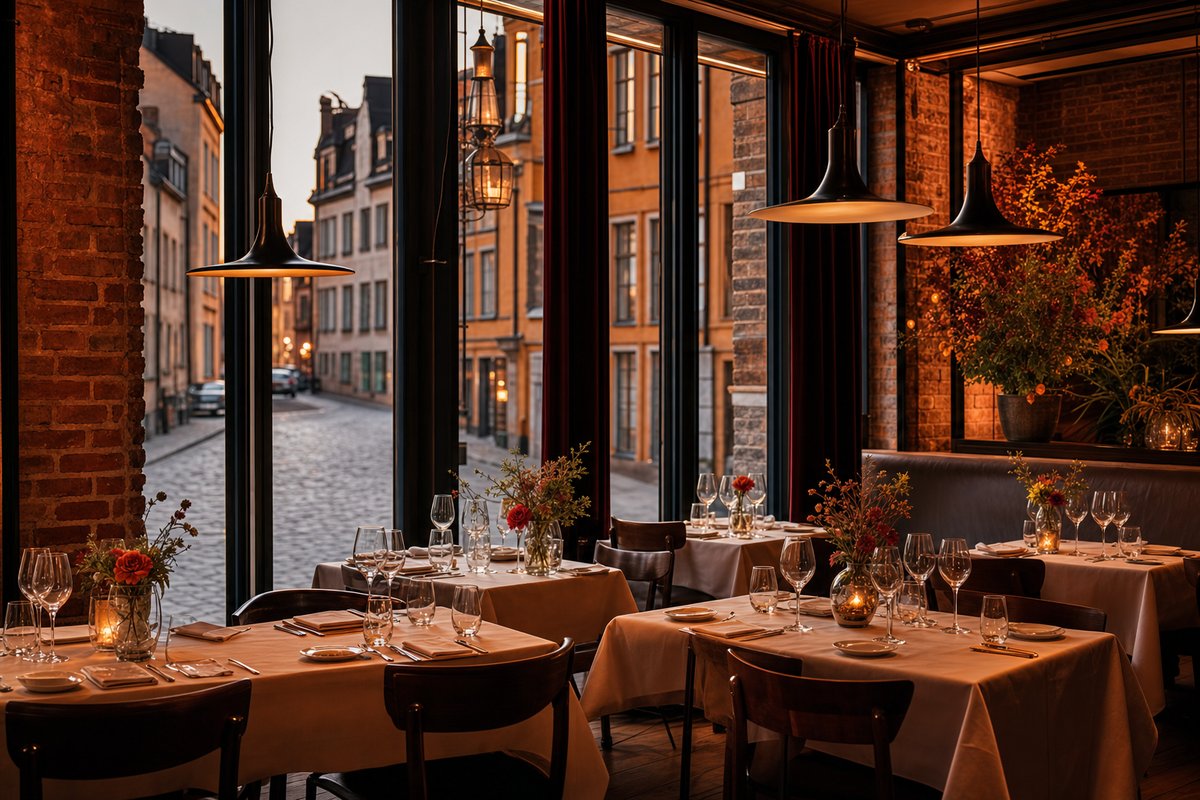 Stämningsfull restauranginteriör i Stockholm med dukade bord och varmt ljussättning